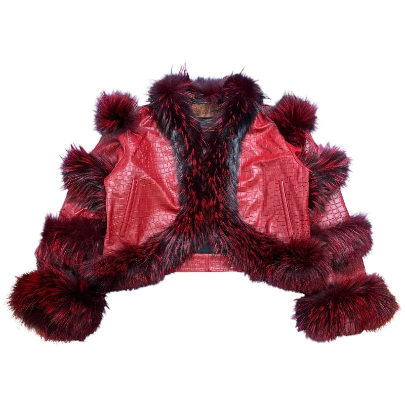 Kashani Women's Red Embossed Alligator Fox Fur Cropped Jacket Welt Pockets Slit Pockets Flap Pockets Kashani Women's Red Embossed Alligator Fox Fur Cropped Jacket Welt Pockets Slit Pockets Flap Pockets