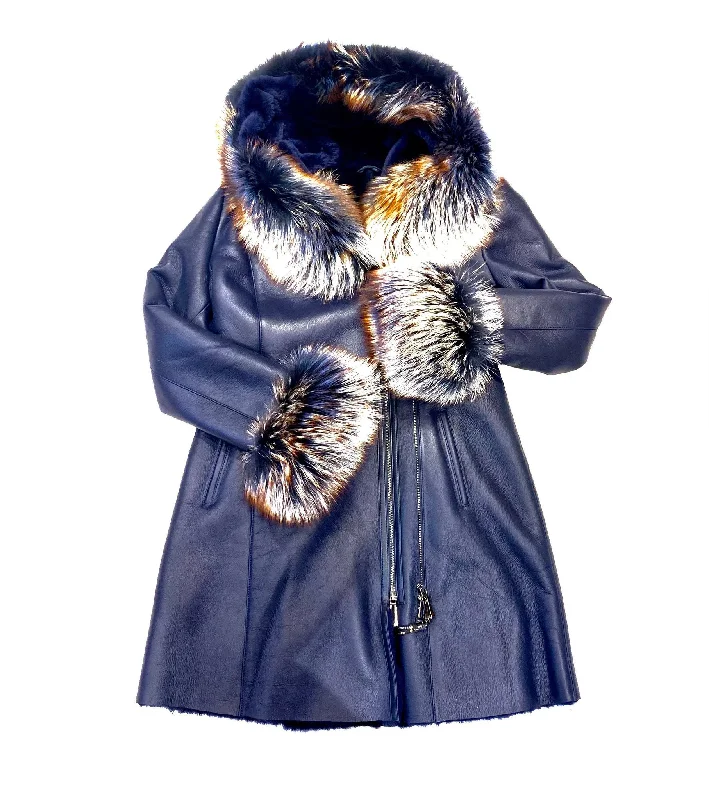 Kashani Women's Navy Blue Fox Collar 3/4 Shearling Jacket Oversized Jacket Tailored Jacket Straight Jacket Kashani Women's Navy Blue Fox Collar 3/4 Shearling Jacket Oversized Jacket Tailored Jacket Straight Jacket