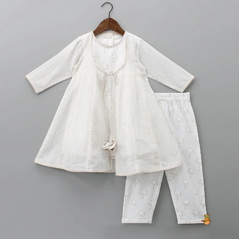 Lotus Printed Kurti With Fringes Detail Polka Dots Off White Tie Up Jacket And Pant Tiered Jacket Buttoned Jacket Zippered Jacket Lotus Printed Kurti With Fringes Detail Polka Dots Off White Tie Up Jacket And Pant Tiered Jacket Buttoned Jacket Zippered Jacket