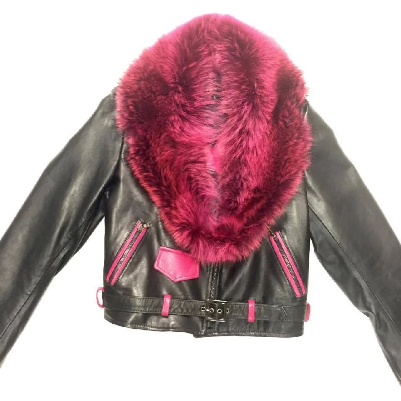 G-Gator Ladies Black & Pink Fox Collar Lambskin Biker Jacket Faux Fur Jacket Real Fur Jacket Shearling Jacket G-Gator Ladies Black & Pink Fox Collar Lambskin Biker Jacket Faux Fur Jacket Real Fur Jacket Shearling Jacket