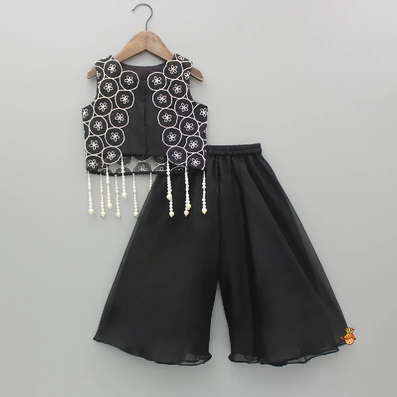 Pre Order: Black Top With Hand Embroidered Cutwork Attached Jacket And Flared Palazzo Boat Neck Shawl Collar Notched Collar Pre Order: Black Top With Hand Embroidered Cutwork Attached Jacket And Flared Palazzo Boat Neck Shawl Collar Notched Collar