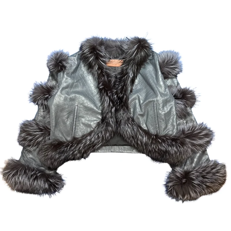 Kashani Women's Grey Embossed Alligator Fox Fur Cropped Jacket Knit Fabric Woven Fabric Fleece Fabric Kashani Women's Grey Embossed Alligator Fox Fur Cropped Jacket Knit Fabric Woven Fabric Fleece Fabric