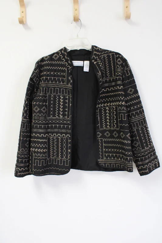 Alfred Dunner Black Gold Embroidered Light Jacket | 12 Petite Collared Jacket Crew Neck Jacket Turtle Neck Jacket Alfred Dunner Black Gold Embroidered Light Jacket | 12 Petite Collared Jacket Crew Neck Jacket Turtle Neck Jacket
