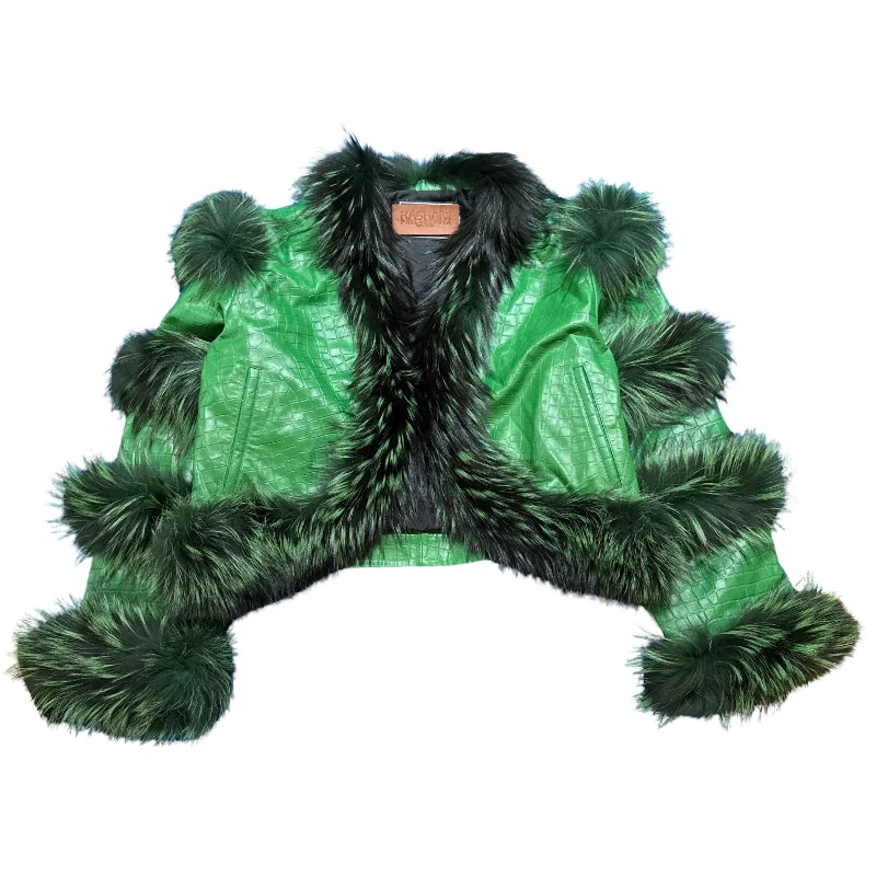 Kashani Women's Green Embossed Alligator Fox Fur Cropped Jacket Faux Fur Fabric Real Fur Fabric Shearling Fabric Kashani Women's Green Embossed Alligator Fox Fur Cropped Jacket Faux Fur Fabric Real Fur Fabric Shearling Fabric