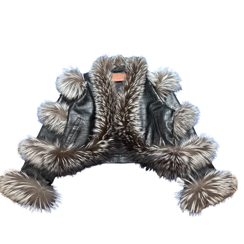 Kashani Women's Black Embossed Alligator Silver Fox Fur Cropped Jacket Satin Fabric Silk Fabric Chiffon Fabric Kashani Women's Black Embossed Alligator Silver Fox Fur Cropped Jacket Satin Fabric Silk Fabric Chiffon Fabric