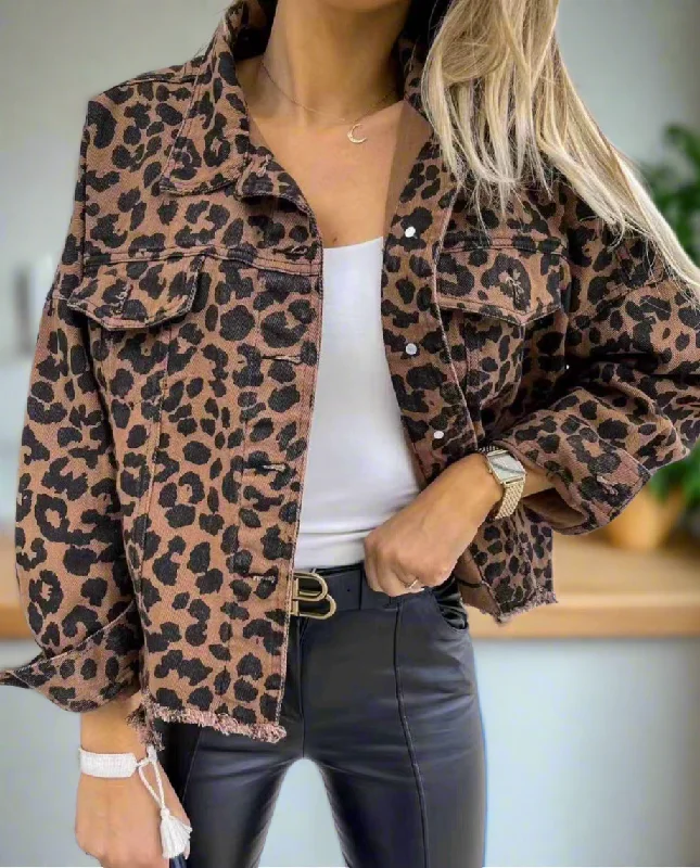 Leopard Print Denim Distressed Jean Jacket Button-Up Classic Collar Mobwife Glam Zippered Jacket Buttoned Jacket Snapped Jacket Leopard Print Denim Distressed Jean Jacket Button-Up Classic Collar Mobwife Glam Zippered Jacket Buttoned Jacket Snapped Jacket