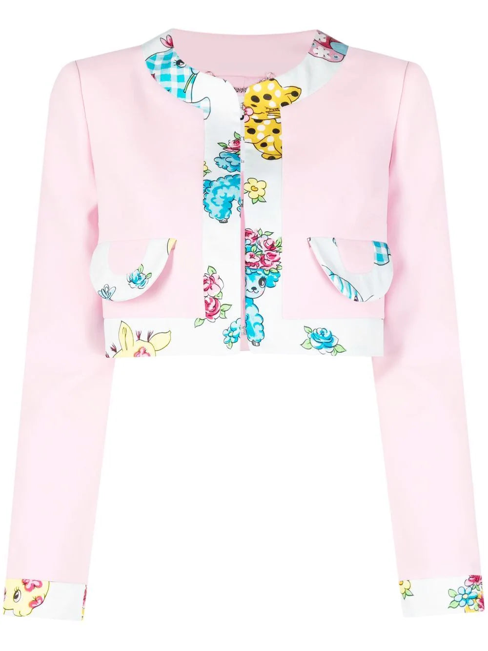 Moschino Pink Calico Animal Crepe Jacket Denim Jacket Leather Jacket Suede Jacket