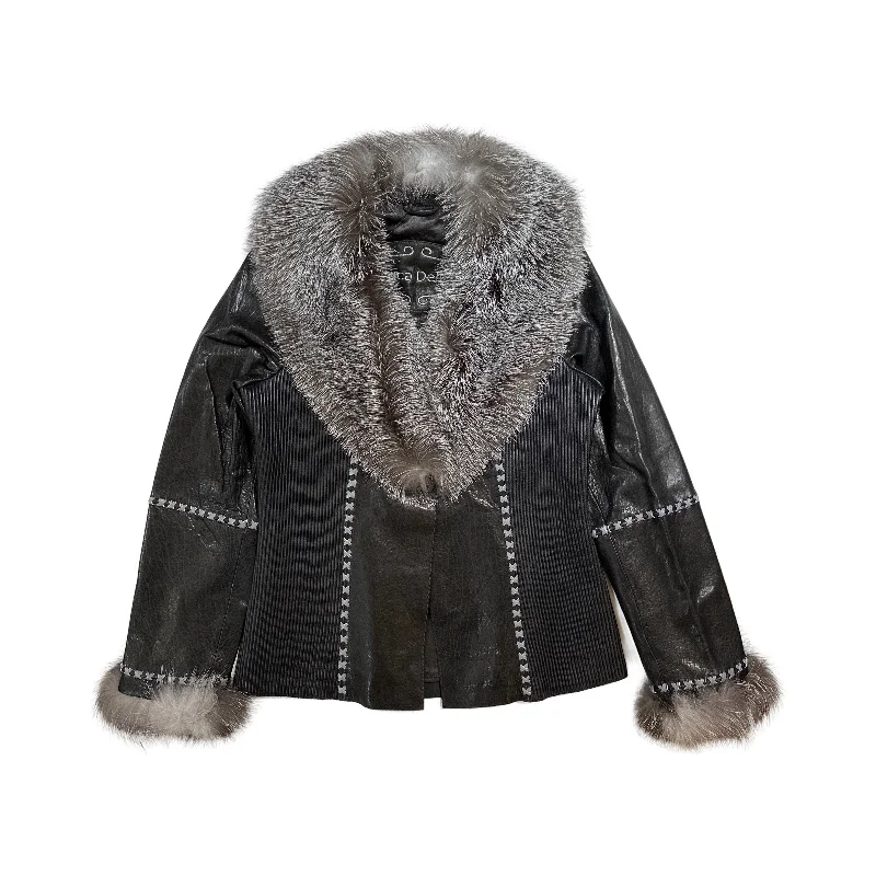 Kashani Black Silver Fox Leather Stitched Jacket Belted Jacket Elasticated Jacket Padded Jacket Kashani Black Silver Fox Leather Stitched Jacket Belted Jacket Elasticated Jacket Padded Jacket