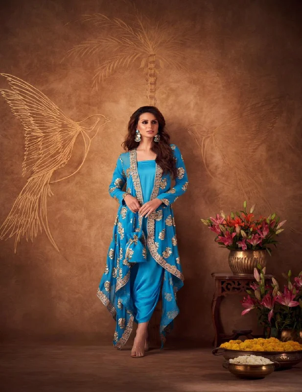 Blue Sequinced Jacket Set A-Line Jacket Boat Neck Shawl Collar