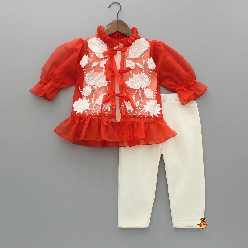 Pre Order: Off White Top With Front Tie Up Knot Applique Embroidered Jacket And Pant Hooded Jacket Caped Jacket Shawl Collar Jacket