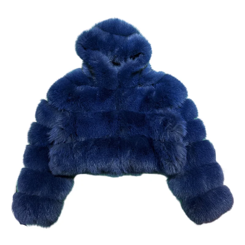 Kashani Women's Blue Fox Fur Cropped Hooded Jacket Zippered Front Buttoned Front Snap Front Kashani Women's Blue Fox Fur Cropped Hooded Jacket Zippered Front Buttoned Front Snap Front