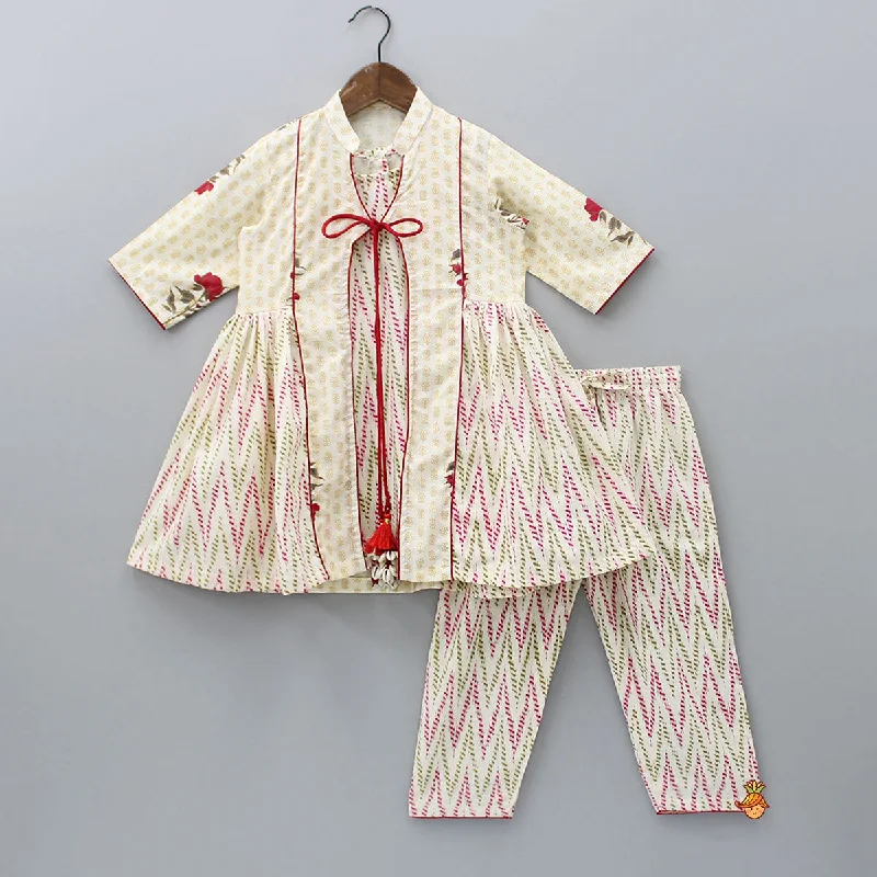 Pre Order: Off White Printed Top With Front Tie-Up Knot Jacket And Pant Welt Pockets Slit Pockets Flap Pockets Pre Order: Off White Printed Top With Front Tie-Up Knot Jacket And Pant Welt Pockets Slit Pockets Flap Pockets