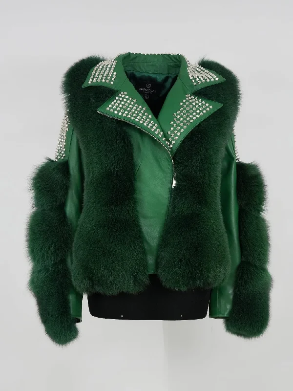 Kashani Ladies Studded Money Green Fox Fur Biker Jacket Stand-Up Collar Roll-Neck Collar Turtle Neck Kashani Ladies Studded Money Green Fox Fur Biker Jacket Stand-Up Collar Roll-Neck Collar Turtle Neck