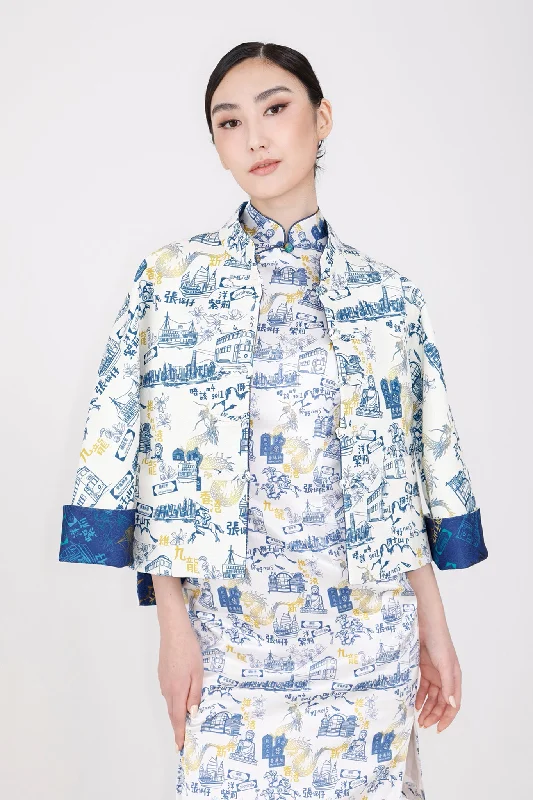 PRESLEY HK Print Reversible Oriental Jacket (White/Navy) Cardigan Sweater Pullover