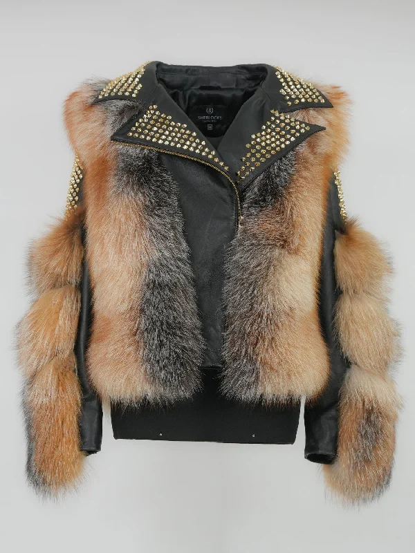 Kashani Ladies OTOBAN Natural Fox Fur Studded Biker Jacket Zip Front Button Front Snap Front Kashani Ladies OTOBAN Natural Fox Fur Studded Biker Jacket Zip Front Button Front Snap Front