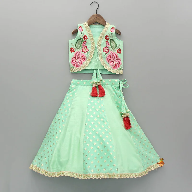 Pre Order: Green Strappy Top With Embroidered Jacket And Lehenga Notch Collar Jacket Peter Pan Collar Jacket Cowl Neck Jacket Pre Order: Green Strappy Top With Embroidered Jacket And Lehenga Notch Collar Jacket Peter Pan Collar Jacket Cowl Neck Jacket