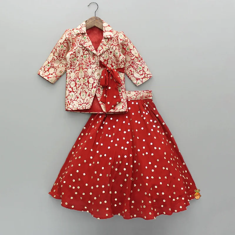 Pre Order: Red Brocade Jacket Style Top And Lehenga Zippered Jacket Buttoned Jacket Snapped Jacket Pre Order: Red Brocade Jacket Style Top And Lehenga Zippered Jacket Buttoned Jacket Snapped Jacket