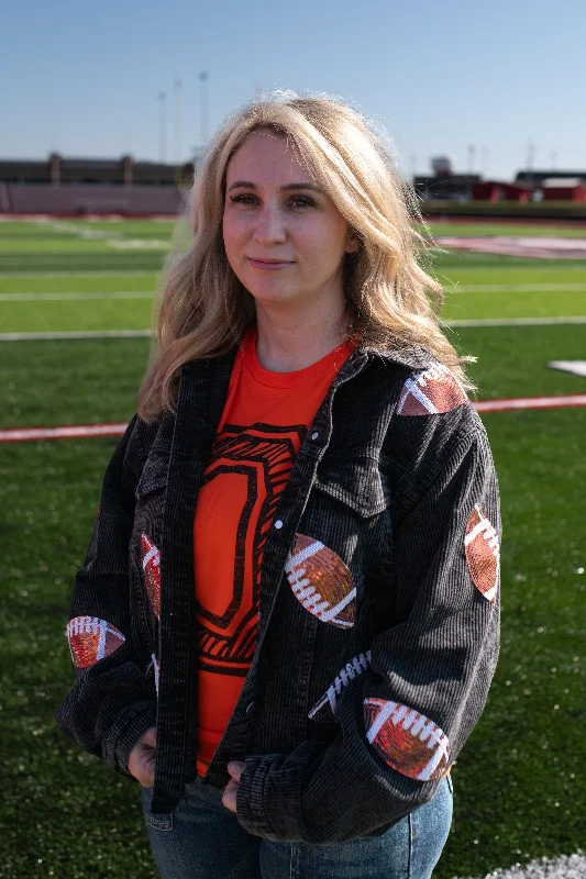 Corduroy Jacket with Sequin Footballs-Black Hoodie Zip-Up Jacket Button-Up Jacket
