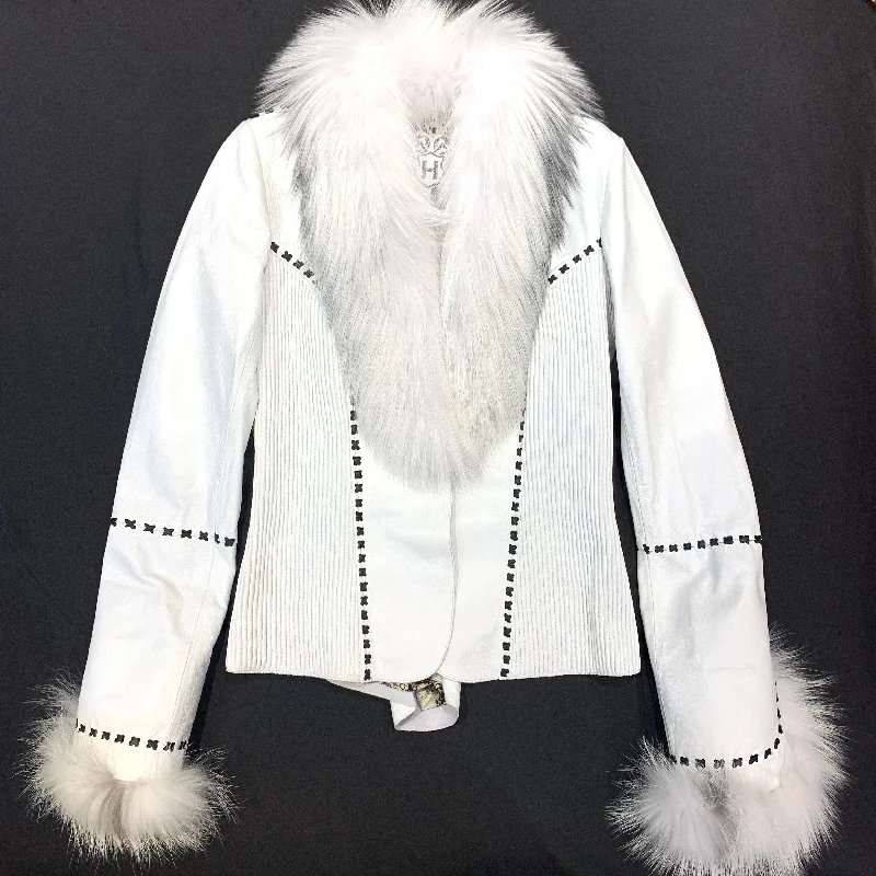 Hoss Couture White Fox Leather Stitched Jacket Wool Fabric Cashmere Fabric Tweed Fabric Hoss Couture White Fox Leather Stitched Jacket Wool Fabric Cashmere Fabric Tweed Fabric