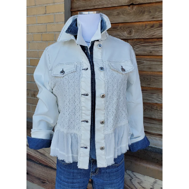 White Jacket with Ruffles & Lace Nylon Jacket Polyester Jacket Spandex Jacket