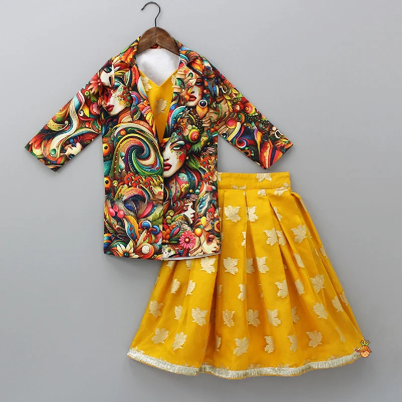 Pre Order: Top And Multicolored Jacket With Box Pleated Lehenga Front Pockets Side Pockets Patch Pockets Pre Order: Top And Multicolored Jacket With Box Pleated Lehenga Front Pockets Side Pockets Patch Pockets