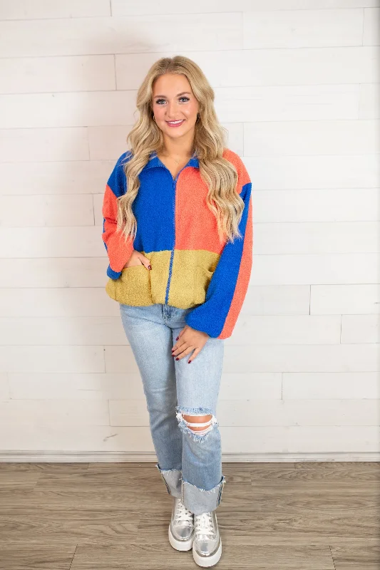 J.nna Sherpa Colorblock Zip Up Jacket Denim Fabric Leather Fabric Suede Fabric
