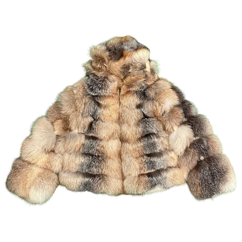 Kashani Women's Natural Golden Island Fox Fur Hooded Copped Jacket Satin Jacket Silk Jacket Chiffon Jacket Kashani Women's Natural Golden Island Fox Fur Hooded Copped Jacket Satin Jacket Silk Jacket Chiffon Jacket