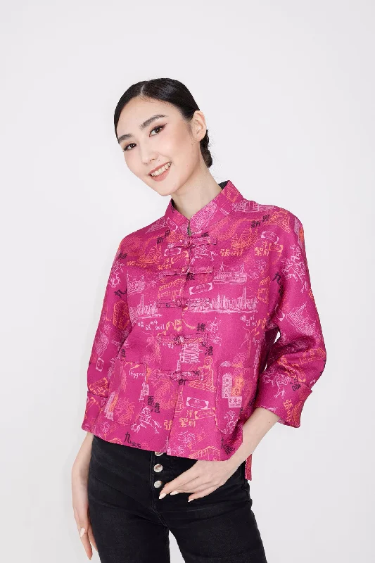 PRESLEY HK Print Reversible Oriental Jacket (Fuchsia/ Navy) Wool Jacket Cashmere Jacket Tweed Jacket PRESLEY HK Print Reversible Oriental Jacket (Fuchsia/ Navy) Wool Jacket Cashmere Jacket Tweed Jacket
