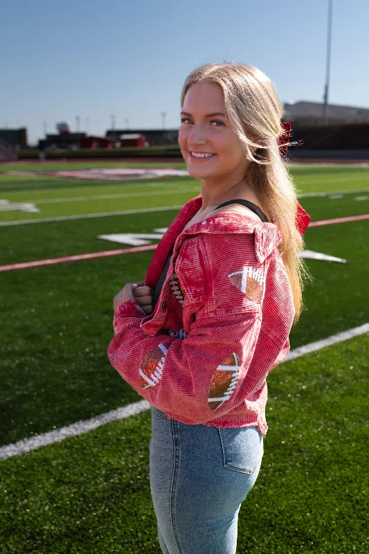 Corduroy Jacket with Sequin Footballs-Red Cardigan Sweater Pullover