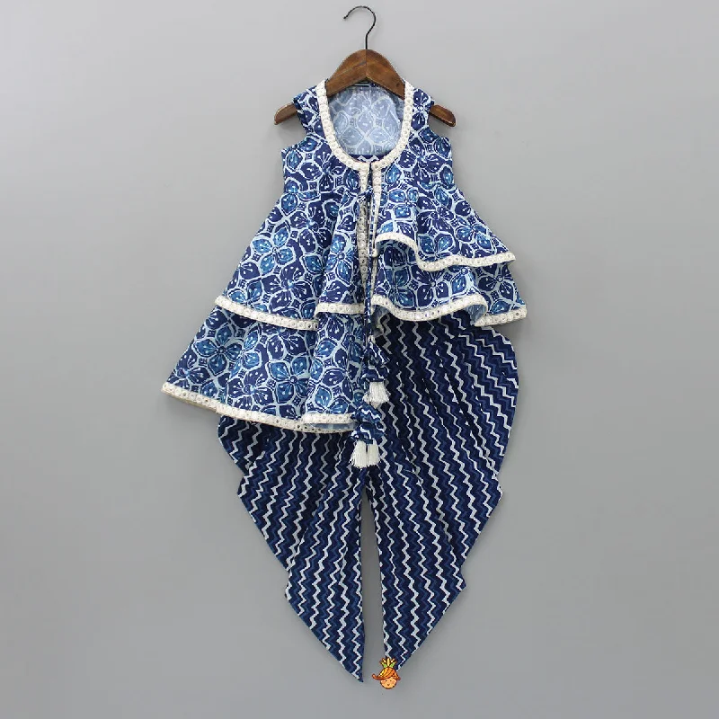 Pre Order: Printed Blue Crop Top With High Low Jacket And Dhoti Print Jacket Jacquard Jacket Embroidered Jacket Pre Order: Printed Blue Crop Top With High Low Jacket And Dhoti Print Jacket Jacquard Jacket Embroidered Jacket
