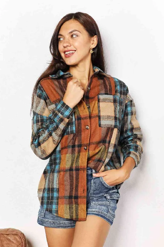 Double Take Plaid Curved Hem Shirt Jacket with Breast Pockets One-Shoulder Jacket Off-the-Shoulder Jacket Asymmetrical Jacket