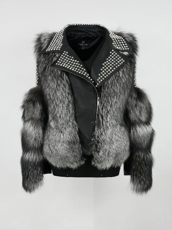 Kashani Ladies Silver Fox Fur Studded Biker Jacket Front Pockets Side Pockets Patch Pockets Kashani Ladies Silver Fox Fur Studded Biker Jacket Front Pockets Side Pockets Patch Pockets
