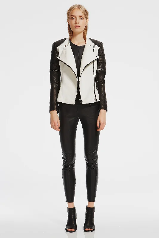 Greenwich St Motor Jacket in Chalk White Wool & Black Leather Hoodie Zip-Up Jacket Button-Up Jacket Greenwich St Motor Jacket in Chalk White Wool & Black Leather Hoodie Zip-Up Jacket Button-Up Jacket