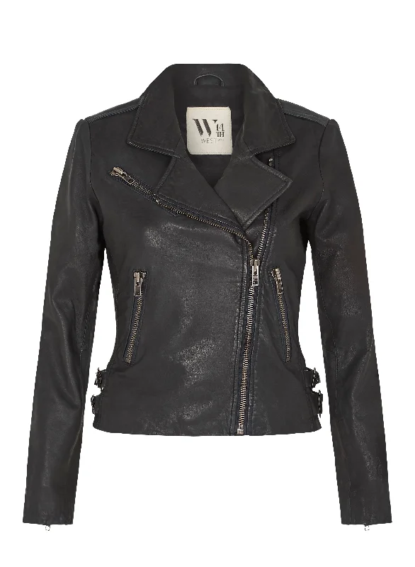 The New Yorker Motor Jacket Worn in Charcoal Leather Faux Fur Jacket Real Fur Jacket Shearling Jacket The New Yorker Motor Jacket Worn in Charcoal Leather Faux Fur Jacket Real Fur Jacket Shearling Jacket