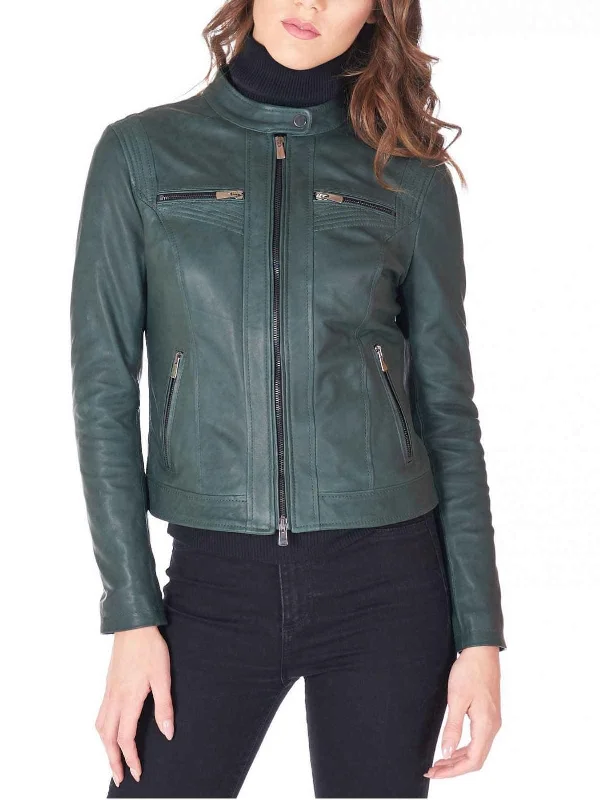 Green new Womens Round Collar leather jacket