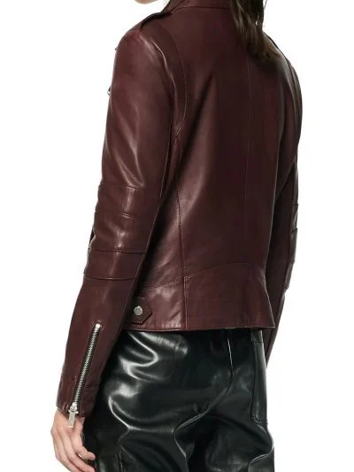 Maroon Snap Collar Leather Jacket For Women