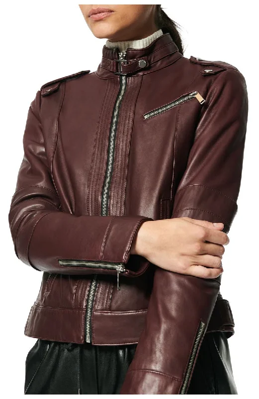 Maroon Snap Collar Leather Jacket For Women