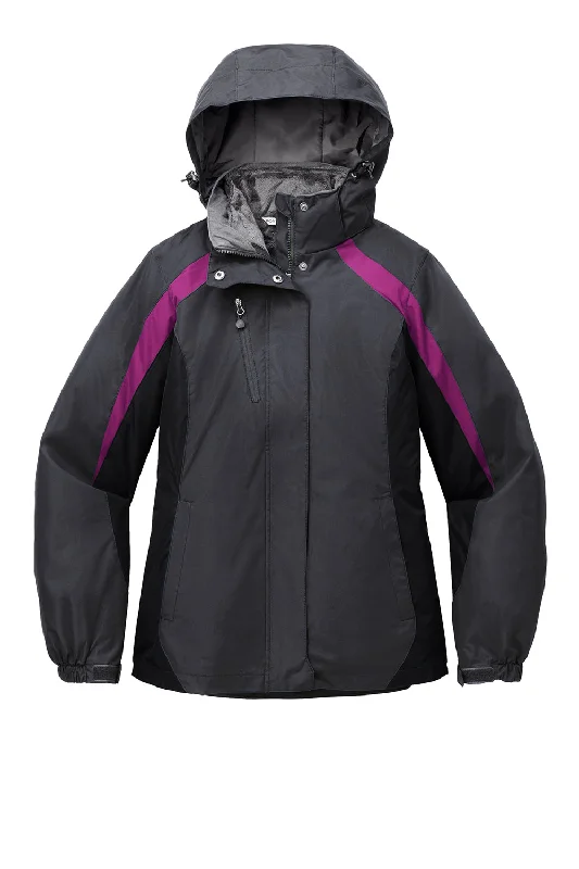 Port Authority Womens 3-in-1 Wind & Water Resistant Full Zip Hooded Jacket - Magnet Grey/Black/Very Berry Purple