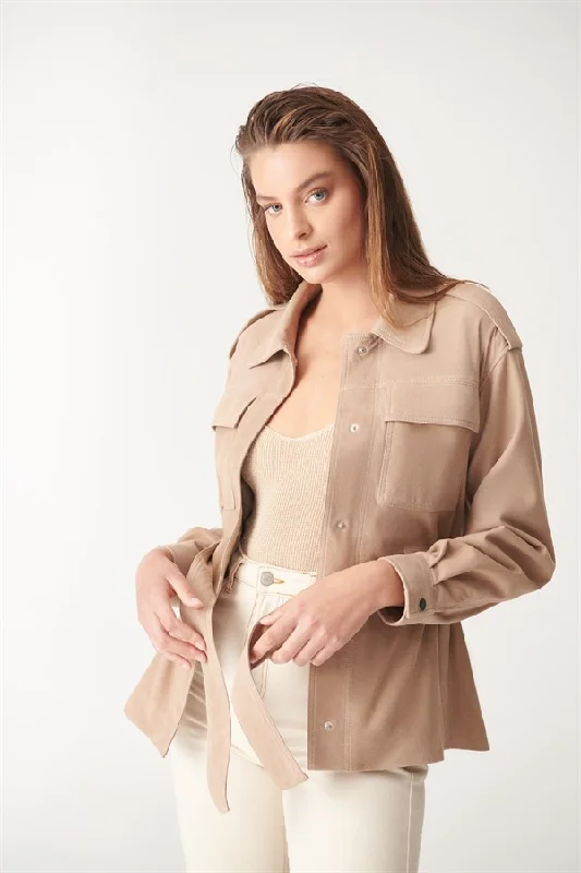 Womens Beige Long Length Suede Leather Jacket