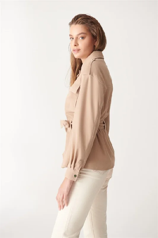 Womens Beige Long Length Suede Leather Jacket