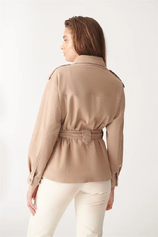 Womens Beige Long Length Suede Leather Jacket