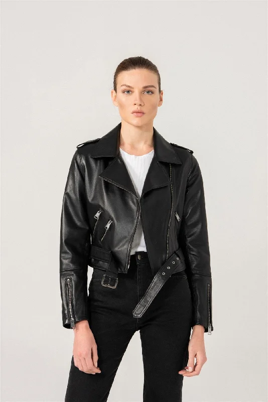 Womens Casual Black Biker Leather Jacket