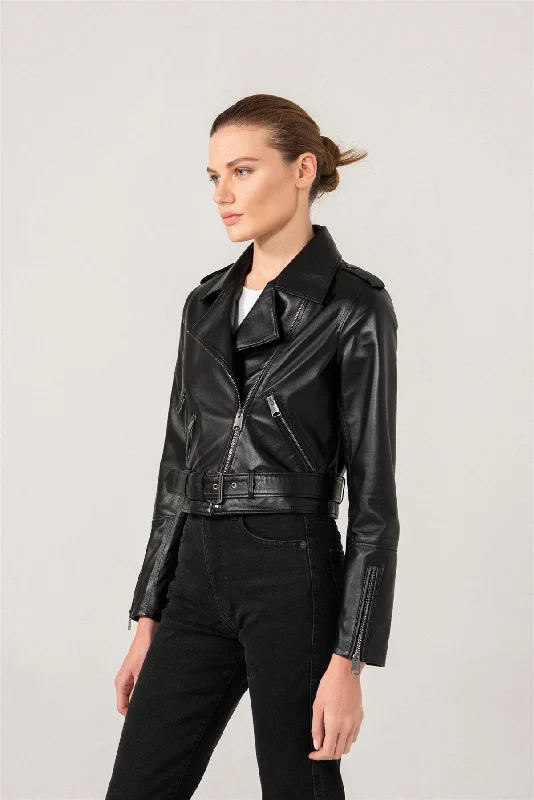 Womens Casual Black Biker Leather Jacket