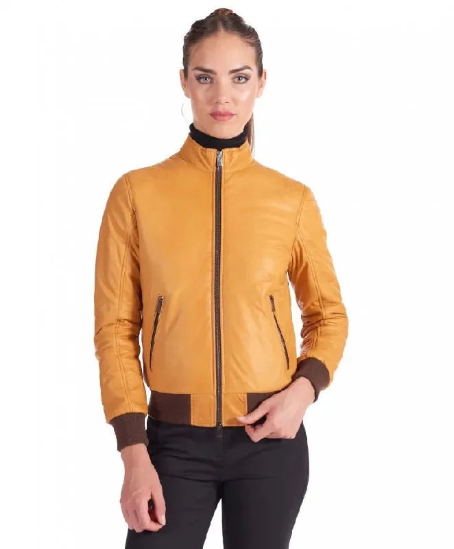 Womens Iconic Yellow Bomber Leather Jacket