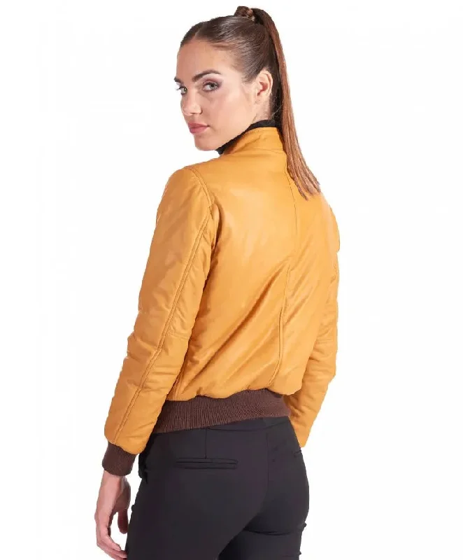 Womens Iconic Yellow Bomber Leather Jacket