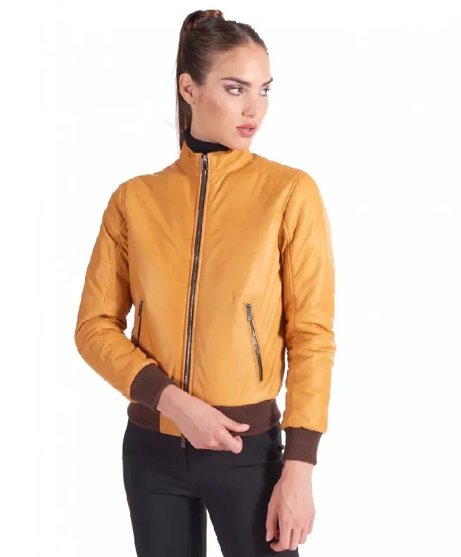 Womens Iconic Yellow Bomber Leather Jacket