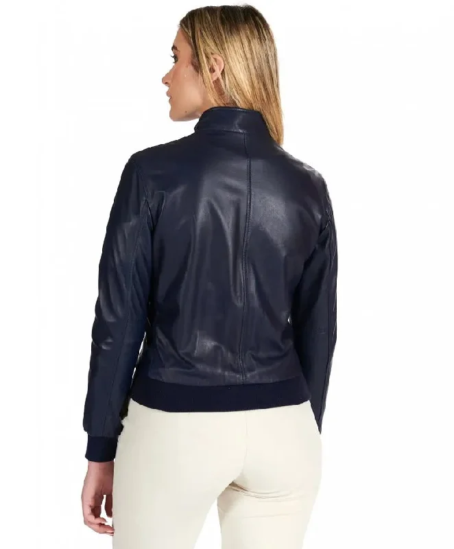 Womens Navy Blue Bomber Leather Jacket