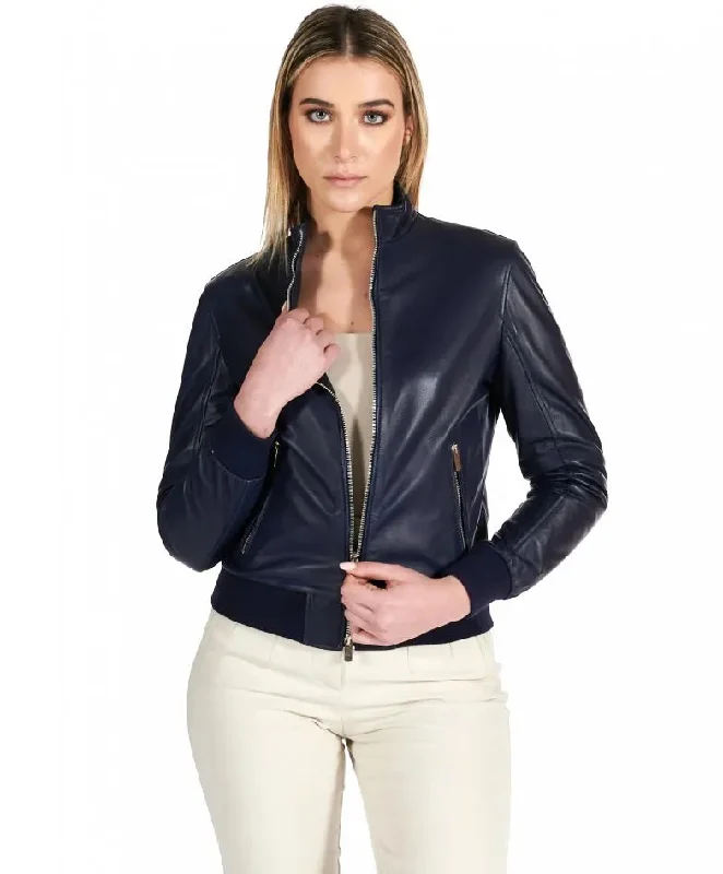 Womens Navy Blue Bomber Leather Jacket