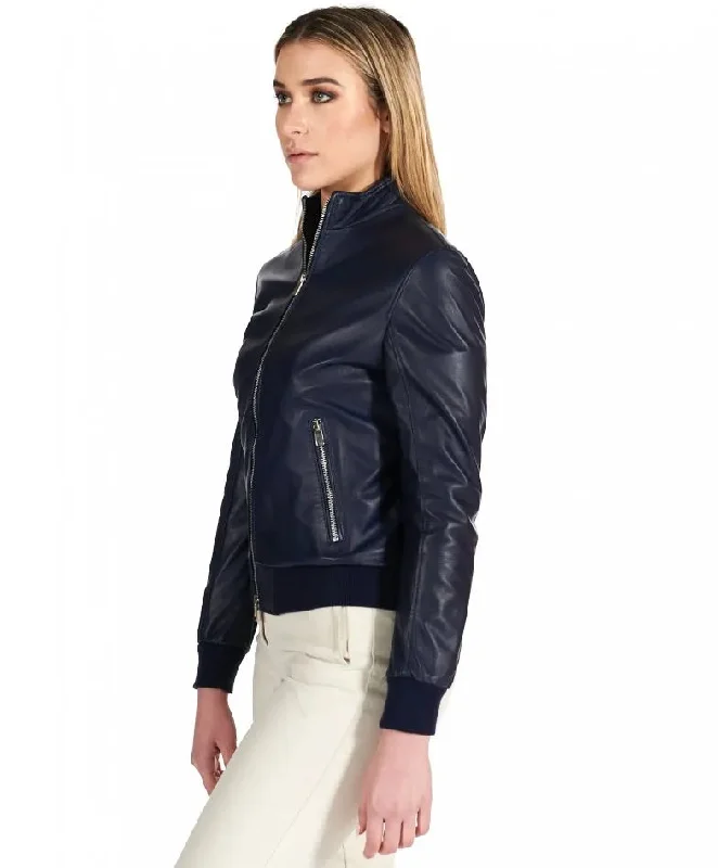 Womens Navy Blue Bomber Leather Jacket