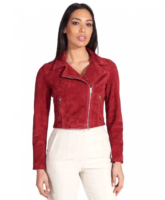 Womens Red Short Length Suede Biker Leather Jacket